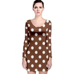 Polka Dots - White on Auburn Brown Long Sleeve Velvet Bodycon Dress