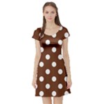 Polka Dots - White on Auburn Brown Short Sleeve Skater Dress