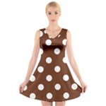 Polka Dots - White on Auburn Brown V-Neck Sleeveless Dress