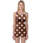 Polka Dots - White on Auburn Brown One Piece Boyleg Swimsuit