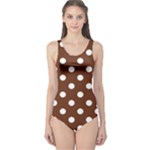 Polka Dots - White on Auburn Brown One Piece Swimsuit