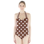 Polka Dots - White on Auburn Brown Women s Halter One Piece Swimsuit