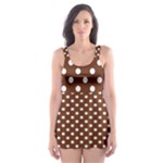 Polka Dots - White on Auburn Brown Skater Dress Swimsuit