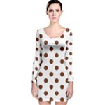 Polka Dots - Auburn Brown on White Long Sleeve Velvet Bodycon Dress