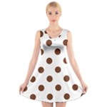Polka Dots - Auburn Brown on White V-Neck Sleeveless Dress