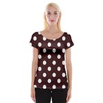 Polka Dots - White on Dark Sienna Brown Women s Cap Sleeve Top
