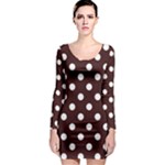 Polka Dots - White on Dark Sienna Brown Long Sleeve Bodycon Dress