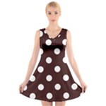 Polka Dots - White on Dark Sienna Brown V-Neck Sleeveless Dress