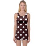 Polka Dots - White on Dark Sienna Brown One Piece Boyleg Swimsuit