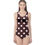 Polka Dots - White on Dark Sienna Brown One Piece Swimsuit