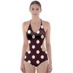 Polka Dots - White on Dark Sienna Brown Cut-Out One Piece Swimsuit