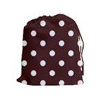 Polka Dots - White on Dark Sienna Brown Drawstring Pouch (XL)