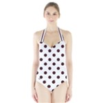 Polka Dots - Dark Sienna Brown on White Women s Halter One Piece Swimsuit