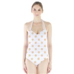 Polka Dots - Sunset Orange on White Women s Halter One Piece Swimsuit
