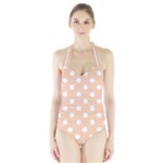 Polka Dots - White on Apricot Orange Women s Halter One Piece Swimsuit