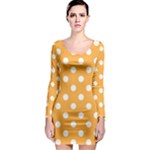 Polka Dots - White on Pastel Orange Long Sleeve Bodycon Dress