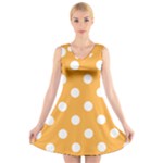 Polka Dots - White on Pastel Orange V-Neck Sleeveless Dress