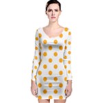 Polka Dots - Dark Tangerine Orange on White Long Sleeve Bodycon Dress