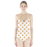 Polka Dots - Dark Tangerine Orange on White Women s Halter One Piece Swimsuit