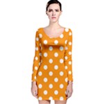 Polka Dots - White on Dark Orange Long Sleeve Velvet Bodycon Dress
