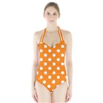 Polka Dots - White on Orange Women s Halter One Piece Swimsuit