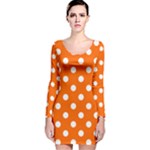 Polka Dots - White on Safety Orange Long Sleeve Velvet Bodycon Dress