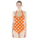 Polka Dots - White on Safety Orange Women s Halter One Piece Swimsuit