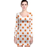 Polka Dots - Safety Orange on White Long Sleeve Bodycon Dress