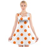 Polka Dots - Safety Orange on White V-Neck Sleeveless Dress