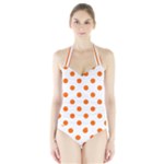 Polka Dots - Safety Orange on White Women s Halter One Piece Swimsuit