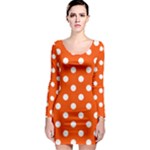 Polka Dots - White on Tangelo Orange Long Sleeve Bodycon Dress