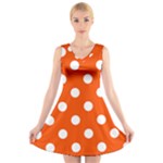 Polka Dots - White on Tangelo Orange V-Neck Sleeveless Dress