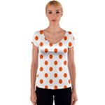 Polka Dots - Tangelo Orange on White Women s V-Neck Cap Sleeve Top
