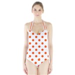 Polka Dots - Tangelo Orange on White Women s Halter One Piece Swimsuit