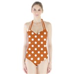 Polka Dots - White on Burnt Orange Women s Halter One Piece Swimsuit