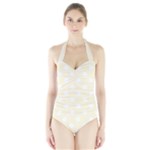 Polka Dots - White on Cornsilk Yellow Women s Halter One Piece Swimsuit