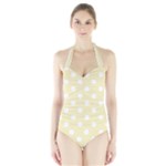 Polka Dots - White on Blond Yellow Women s Halter One Piece Swimsuit