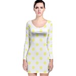 Polka Dots - Pastel Yellow on White Long Sleeve Velvet Bodycon Dress
