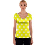 Polka Dots - White on Yellow Women s V-Neck Cap Sleeve Top