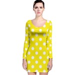 Polka Dots - White on Canary Yellow Long Sleeve Velvet Bodycon Dress