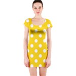 Polka Dots - White on Gold Yellow Short Sleeve Bodycon Dress