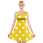 Polka Dots - White on Gold Yellow V-Neck Sleeveless Dress
