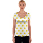 Polka Dots - Gold Yellow on White Women s V-Neck Cap Sleeve Top