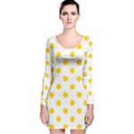 Polka Dots - Gold Yellow on White Long Sleeve Velvet Bodycon Dress