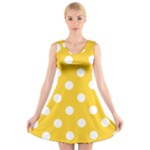 Polka Dots - White on Banana Yellow V-Neck Sleeveless Dress