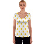 Polka Dots - Banana Yellow on White Women s V-Neck Cap Sleeve Top