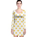 Polka Dots - Banana Yellow on White Long Sleeve Velvet Bodycon Dress