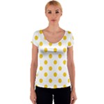Polka Dots - Deep Lemon Yellow on White Women s V-Neck Cap Sleeve Top