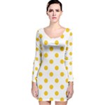 Polka Dots - Deep Lemon Yellow on White Long Sleeve Velvet Bodycon Dress