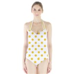 Polka Dots - Deep Lemon Yellow on White Women s Halter One Piece Swimsuit